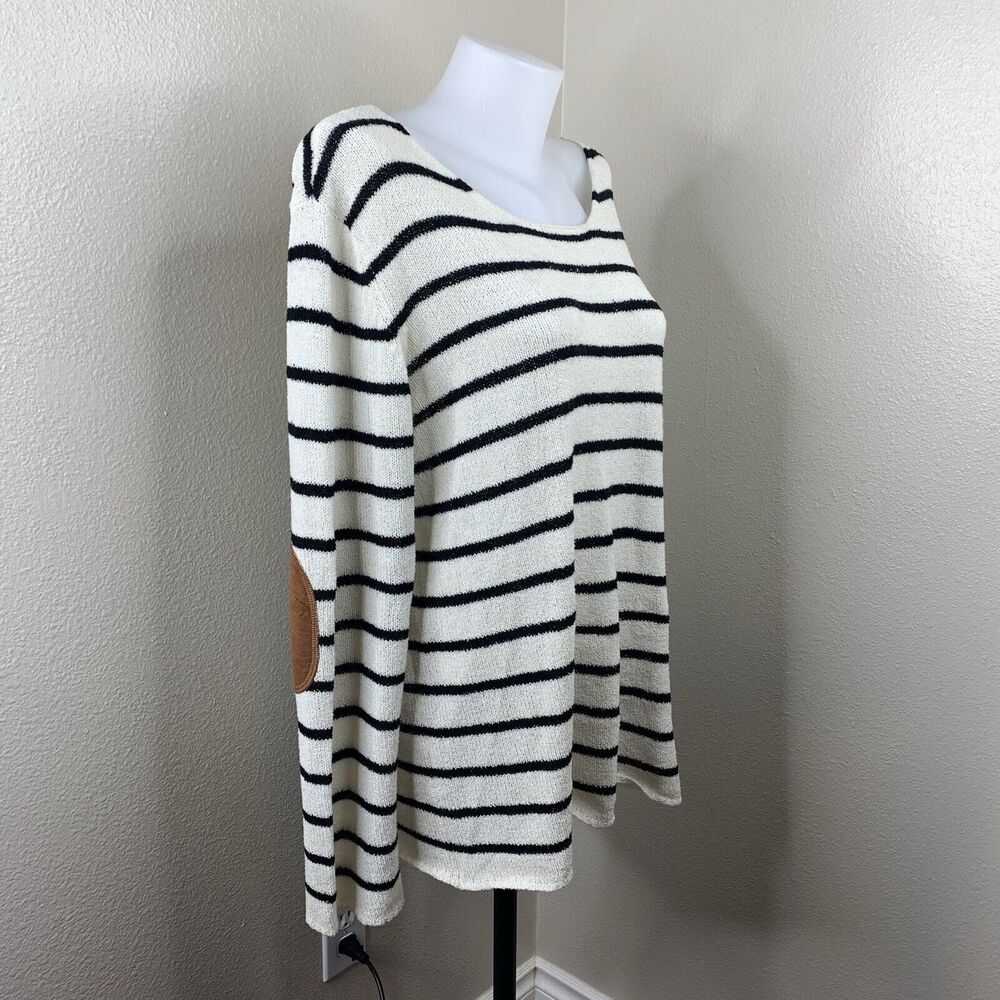 August Mist Stripe White Black Elbow Patch Brown Sweater Pullover Women’s Sz XXL